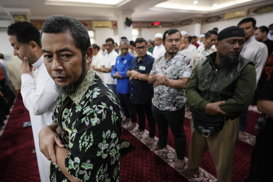 Indonesian Muslims pray for the safety of the Palestinian people during a Friday prayer at Abu Bakar Ashshiddiq Mosque in Jakarta, Indonesia, Friday, Oct. 13, 2023. As violence and tensions increase in the Gaza Strip with Israeli airstrikes after an unprecedented Hamas attack, Islamic leaders in Indonesia, the world's most populous Muslim-majority nation, appealed to all mosques across the country to pray for peace and safety for the Palestinian people. (AP Photo/Achmad Ibrahim)