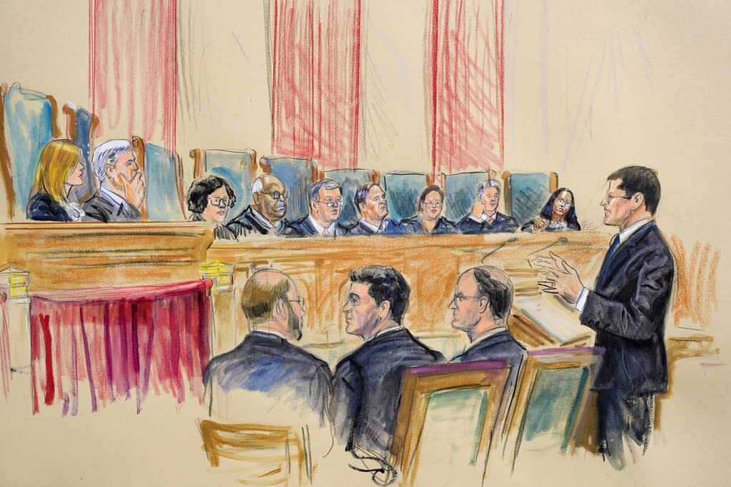 The artist sketch depicts former President Donald Trump's attorney John Sauer, far right, speaking before the Supreme Court.