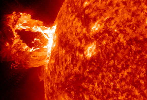 A beautiful prominence eruption shot off the east limb (left side) of the sun on Monday, April 16, 2012. This view of the flare was recorded by NASA's Solar Dynamics Observatory.