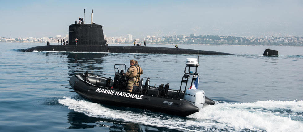 Le sous-marin nucléaire d'attaque (SNA) « Perle », le 26 avril 2018.
