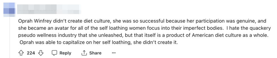 Text from an online comment discussing Oprah Winfrey's influence on self-image and diet culture