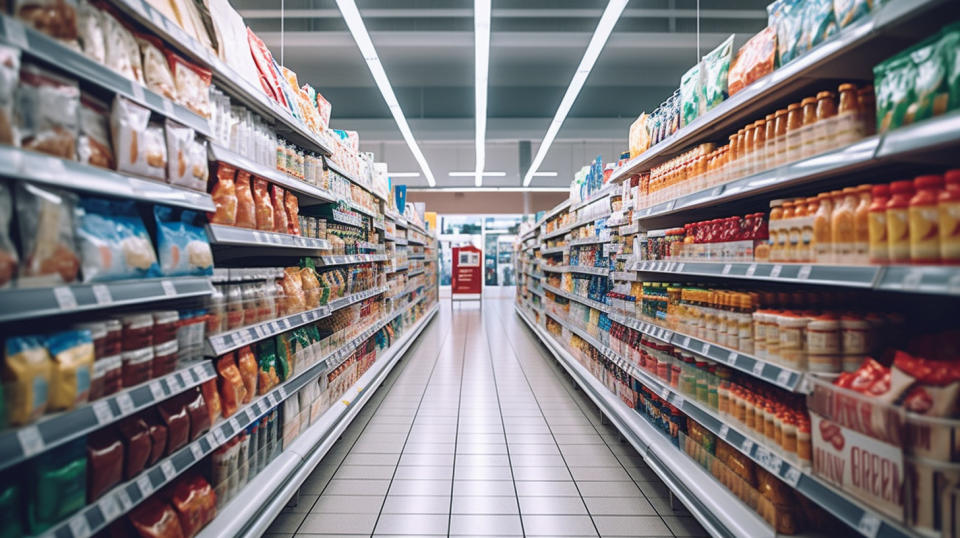 A wide shot of an aisle in a food store lined with different nutrition products.