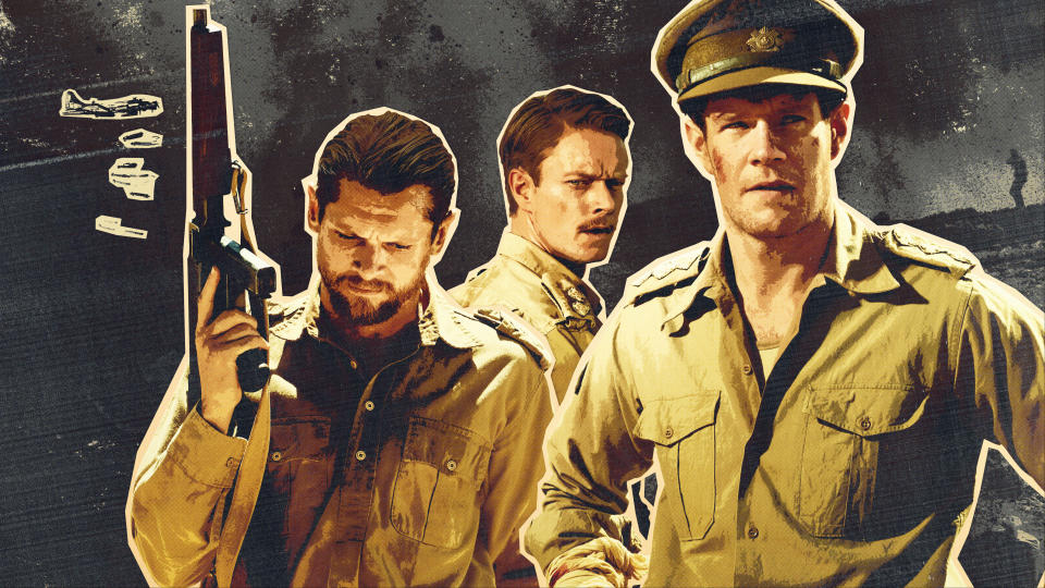 SAS Rogue Heroes: (L-R) Paddy Mayne (Jack O’Connell), Jock Lewes (Alfie Allen), David Stirling (Connor Swindells). Credit: Kudos/Rory Mulvey