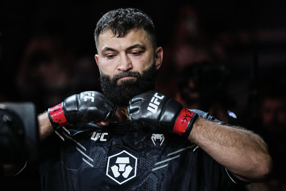 LAS VEGAS, NEVADA - JUNE 29: Andrei Arlovski of Belarus walks out prior to his heavyweight fight during the UFC 303 event at T-Mobile Arena on June 29, 2024 in Las Vegas, Nevada. (Photo by Jeff Bottari/Zuffa LLC via Getty Images)