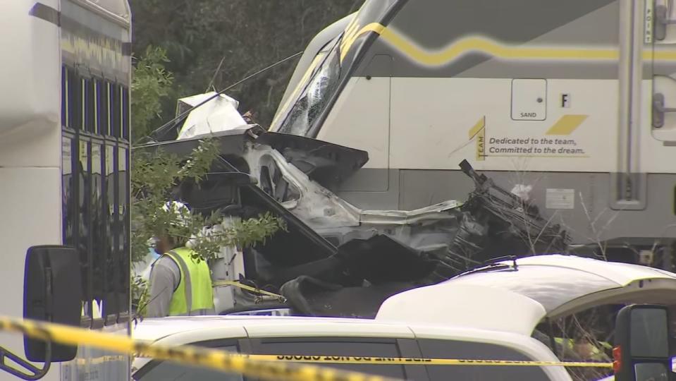 A Brightline train struck an SUV that was on the railroad tracks Friday afternoon, killing one person -- just two days after a Brightline train crashed into another vehicle on the tracks at the same crossing, the Melbourne Police Department said.