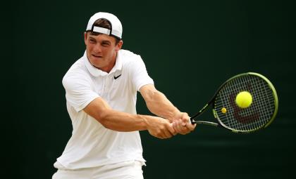 LONDON, ENGLAND - JULY 06:  Tommy Paul of the United States plays a backhand in his Boy&#39;s Singles First Round match against Benjamin Hannestad of Denmark during day seven of the Wimbledon Lawn Tennis Championships at the All England Lawn Tennis and Croquet Club on July 6, 2015 in London, England.  (Photo by Ian Walton/Getty Images)