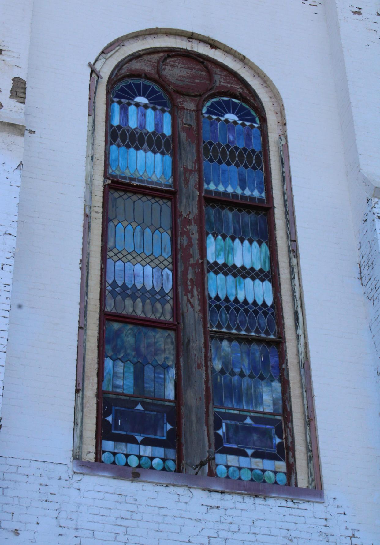 A stained-glass window in a historic Petersburg church built in 1858 at 210 S. Market Street.