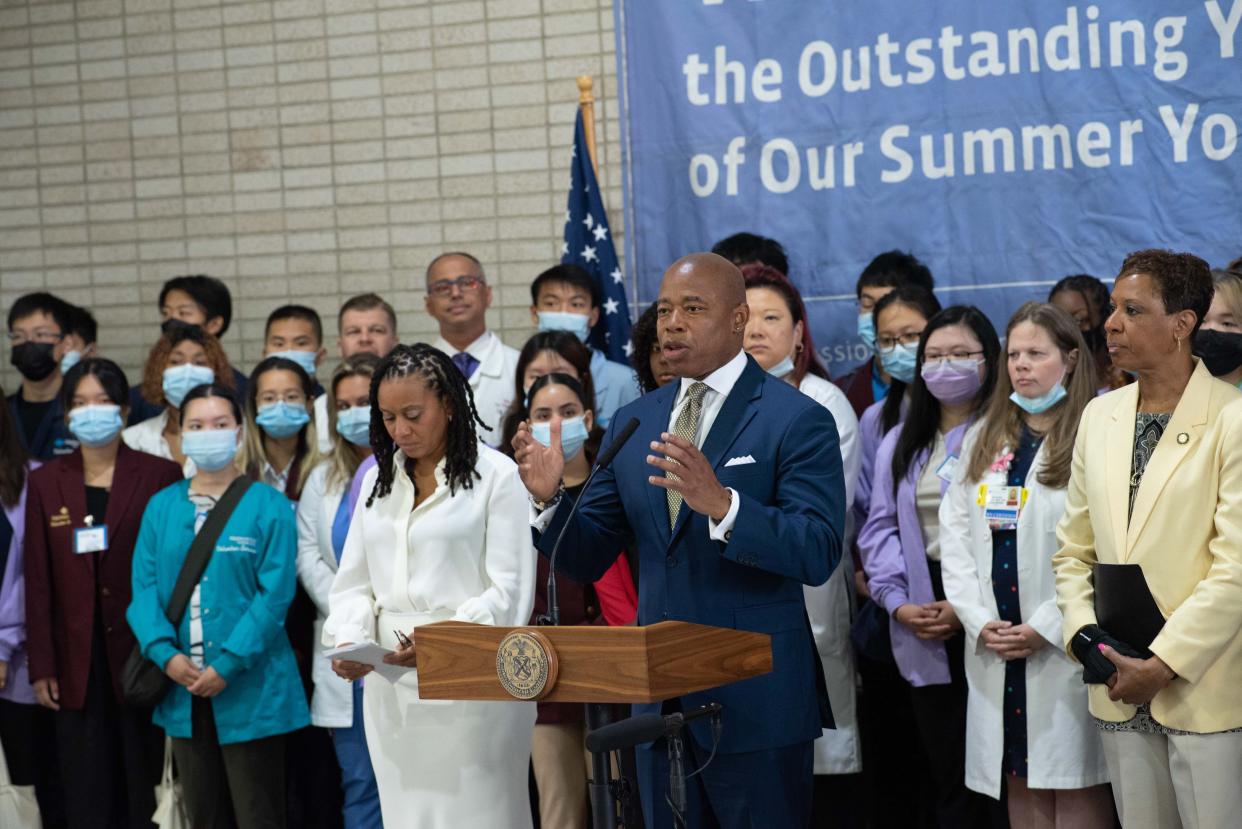 New York City Mayor Eric Adams speaking at Maimonides Medical Center in Brooklyn, New York on Thursday, July 7, 2022.