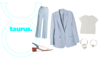 <p>For Taurus, spring 2018 is the best time to mix things up and work toward your goals. You’re no stranger when it comes to persistence and determination, so it’s a no-brainer that you should amp up your power suit game this season. Bonus points if you opt for pastel colors like <a rel="nofollow noopener" href="https://www.vogue.com/fashion-shows/spring-2018-ready-to-wear/victoria-beckham/slideshow/collection#19" target="_blank" data-ylk="slk:Victoria Beckham;elm:context_link;itc:0;sec:content-canvas" class="link ">Victoria Beckham</a>’s spring/summer ’18 collection.<br><br>H&M, Single-Breasted Blazer, $50, <a rel="nofollow noopener" href="http://www.hm.com/us/product/00476?article=00476-B" target="_blank" data-ylk="slk:hm.com;elm:context_link;itc:0;sec:content-canvas" class="link ">hm.com</a><br> Stella McCartney, Straight-Leg Trousers, $610, <a rel="nofollow noopener" href="https://www.matchesfashion.com/us/products/1184882?LGWCODE=1184882000002;104037;6167&qxjkl=tsid:57534&utm_source=polyvore&utm_medium=affiliation&utm_campaign=us&utm_term=pants" target="_blank" data-ylk="slk:matchesfashion.com;elm:context_link;itc:0;sec:content-canvas" class="link ">matchesfashion.com</a><br> Urban Outfitters, The Little Brother Tee, $20, <a rel="nofollow noopener" href="https://www.urbanoutfitters.com/shop/uo-the-little-brother-tee?category=womens-t-shirts&color=010" target="_blank" data-ylk="slk:urbanoutfitters.com;elm:context_link;itc:0;sec:content-canvas" class="link ">urbanoutfitters.com</a><br> Creatures of Comfort, Gloria Heel, $395,<a rel="nofollow noopener" href="http://needsupply.com/womens/shoes/gloria-heel-in-storm-blue.html" target="_blank" data-ylk="slk:needsupply.com;elm:context_link;itc:0;sec:content-canvas" class="link "> needsupply.com</a><br> Justine Clenquet, Lana Hoops, $55.45, <a rel="nofollow noopener" href="http://justineclenquet.com" target="_blank" data-ylk="slk:justineclenquet.com;elm:context_link;itc:0;sec:content-canvas" class="link ">justineclenquet.com</a> </p>