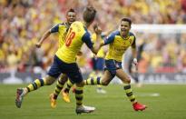 Alexis Sanchez (R) celebrates with Nacho Monreal after scoring the second goal for Arsenal. Action Images via Reuters / John Sibley