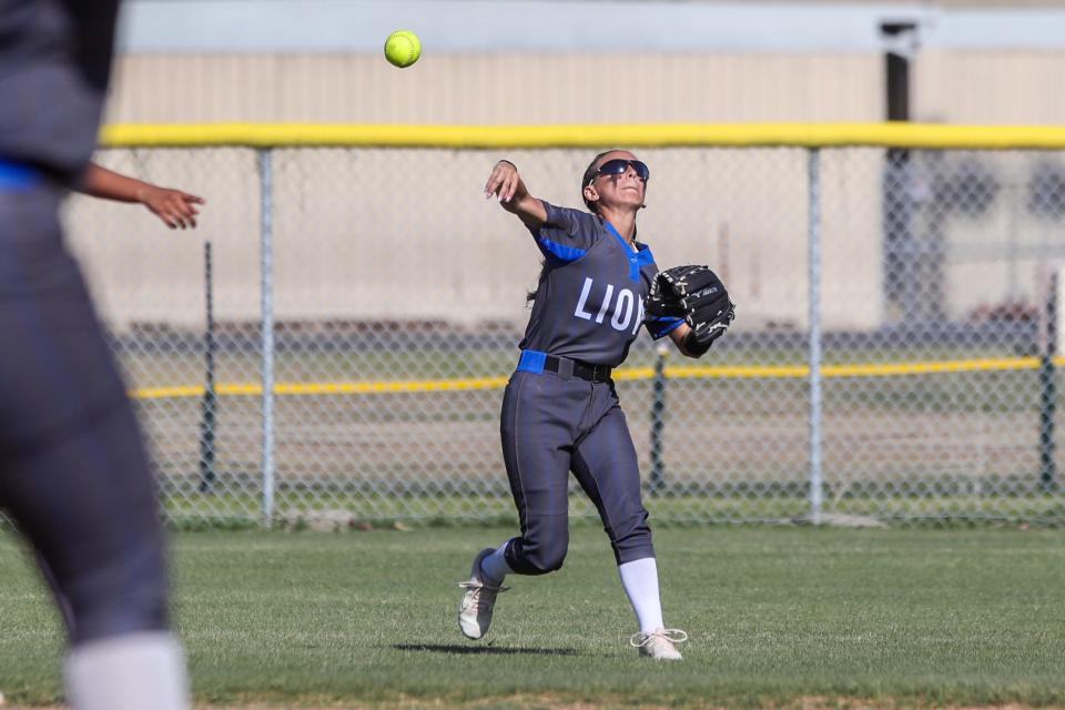 Cathedral City outfielder Cherry Kate (7) throws after a catch during a second-round CIF-SS Division 7 win against Vista Del Lago in Cathedral City, Calif., on Tuesday, May 7, 2024.