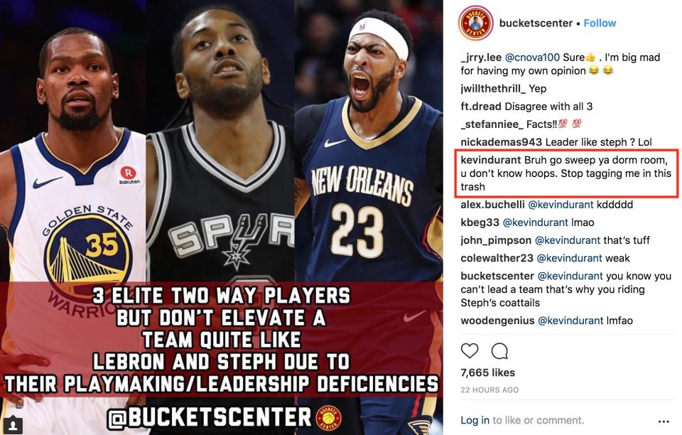 Kevin Durant sees your take, and responds with a take of his own.