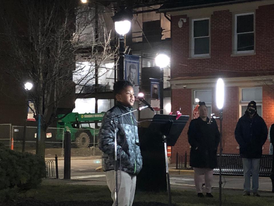 12-year-old A.J. Williams speaks at a vigil for Tyre Nichols in Courthouse Square in Stroudsburg on Monday, Jan. 30, 2023.