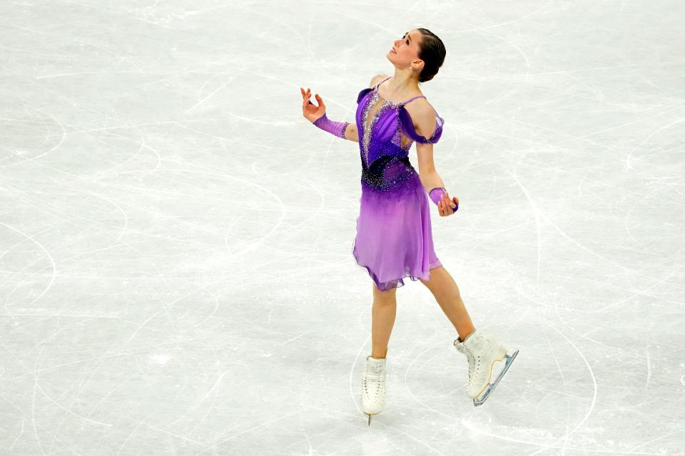 Kamila Valieva competes in the women’s figure skating short program during the Beijing 2022 Olympic Winter Games at Capital Indoor Stadium, Feb. 15, 2022.