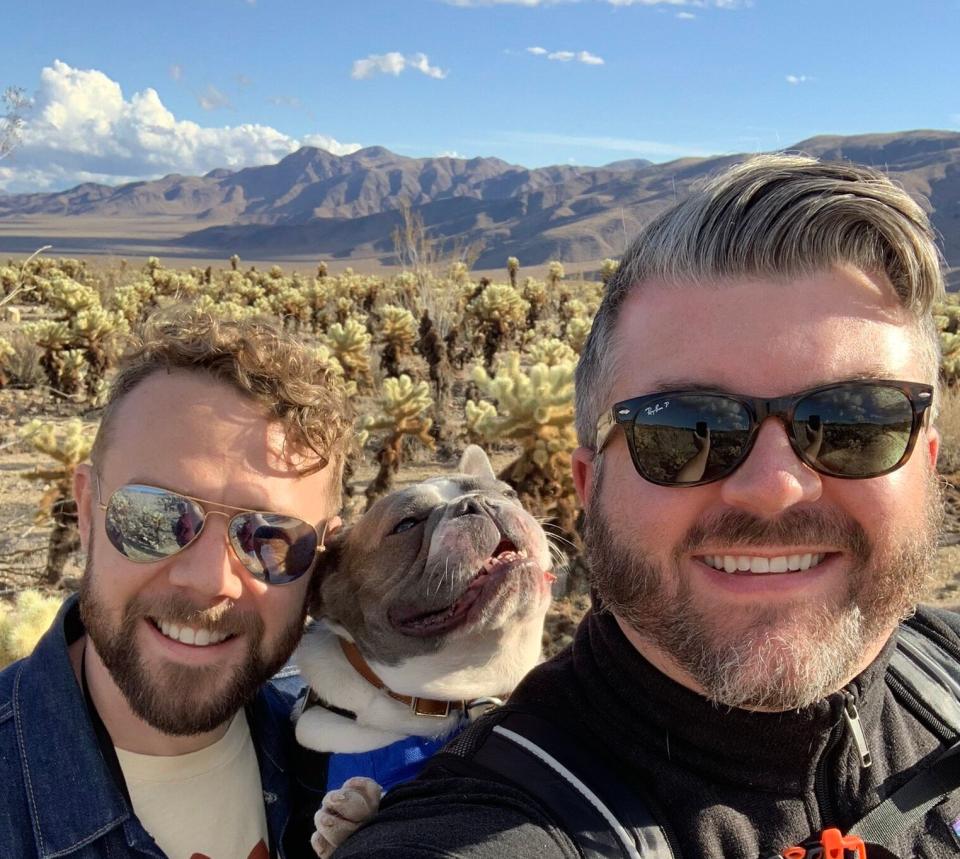 When the couple aren't working, they enjoy cuddling with their French bulldog, Sir Noodles al Dente, or spending time outdoors.  (Photo: Courtesy of Russell Buhr)