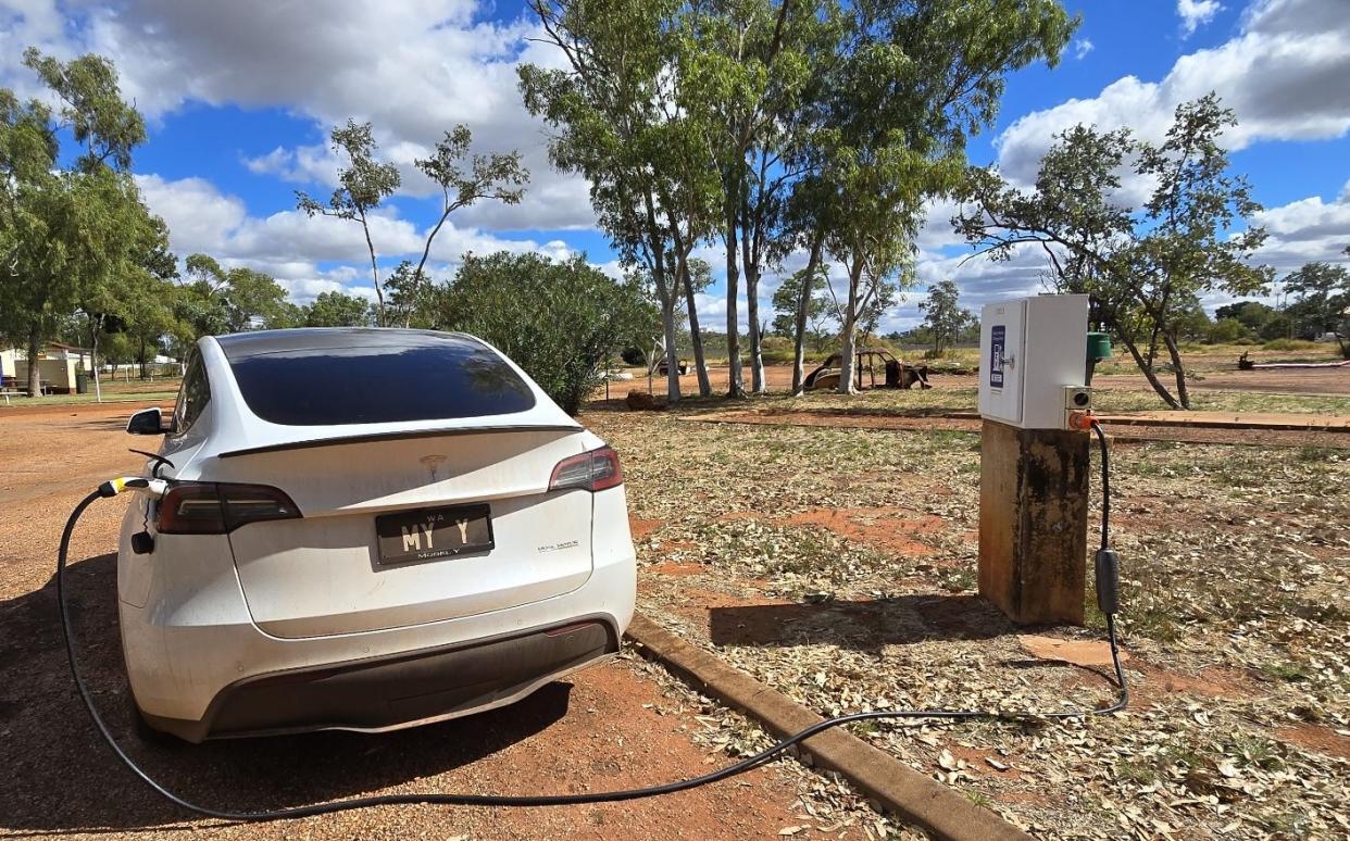 Robert's Tesla Model Y pictured charging at Tennant Creek Tourist Park.