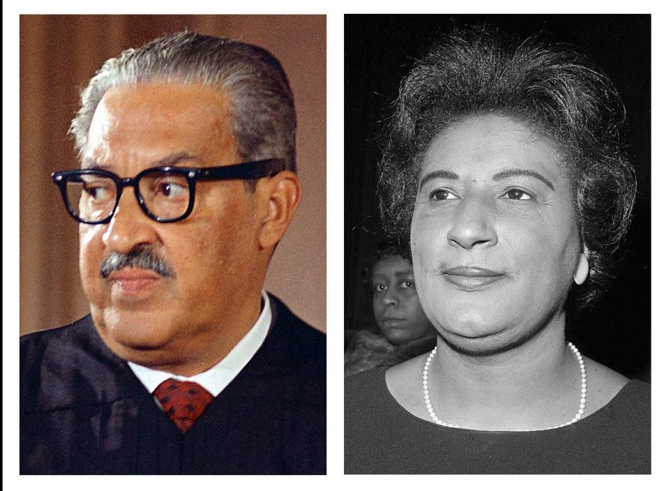 Supreme Court Associate Justice Thurgood Marshall on Oct. 24, 1967; and Constance Baker Motley, nominated to be judge of the southern district of New York, at her confirmation hearing, on April 4, 1966.