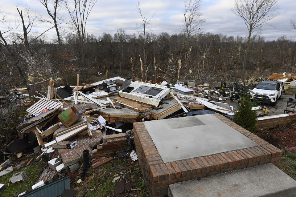 A destroyed home is seen, Sunday, Dec. 10, 2023, in Clarksville, Tenn. Tornados caused catastrophic damage in Middle Tennessee on Saturday afternoon and evening, Dec. 9. (AP Photo/Mark Zaleski)