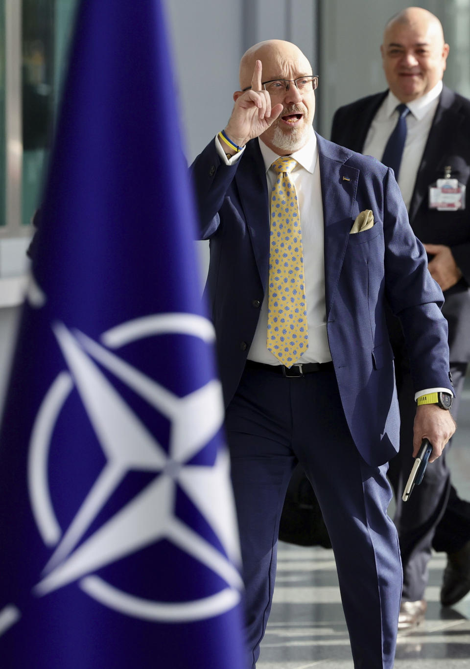Ukrainian Minister of Defence Oleksii Reznikov gestures as he arrives for a meeting of NATO defense ministers at NATO headquarters in Brussels, Wednesday, Oct. 12, 2022. (AP Photo/Olivier Matthys)