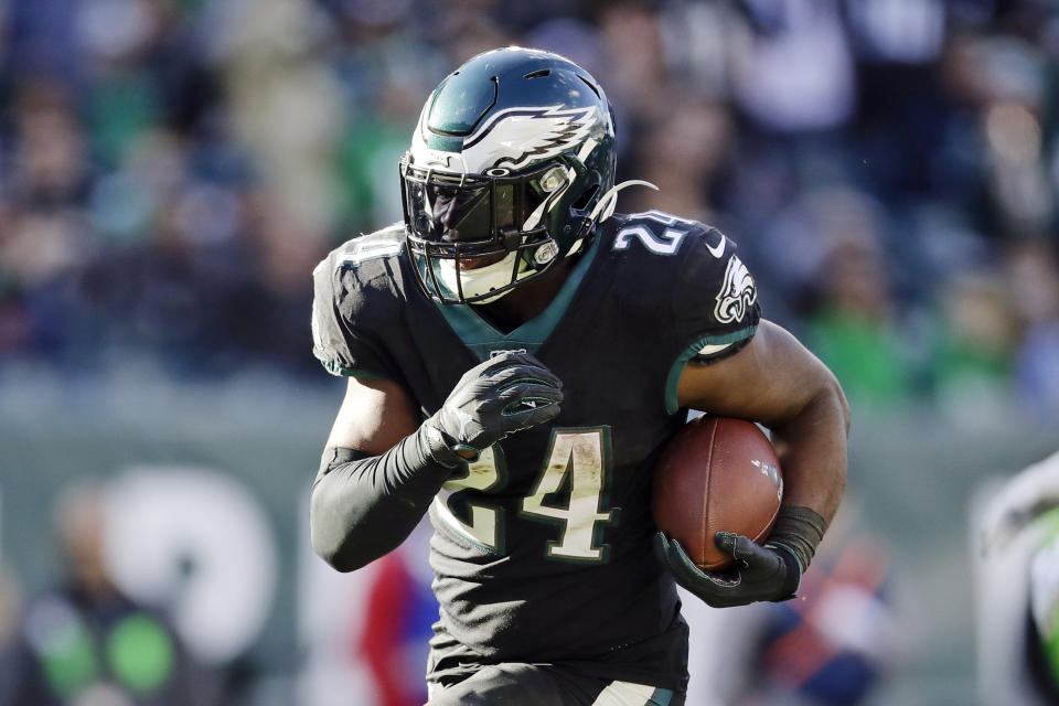 FILE - In this Nov. 3, 2019, file photo, Philadelphia Eagles running back Jordan Howard carries the ball during an NFL football game against the Chicago Bears in Philadelphia. The Dolphins believe veteran newcomers Jordan Howard and Matt Breida represent a significant upgrade at the position, providing more punch and versatility for an offense that last year had the NFL's lowest rushing total since 2006. (AP Photo/Matt Rourke, File)