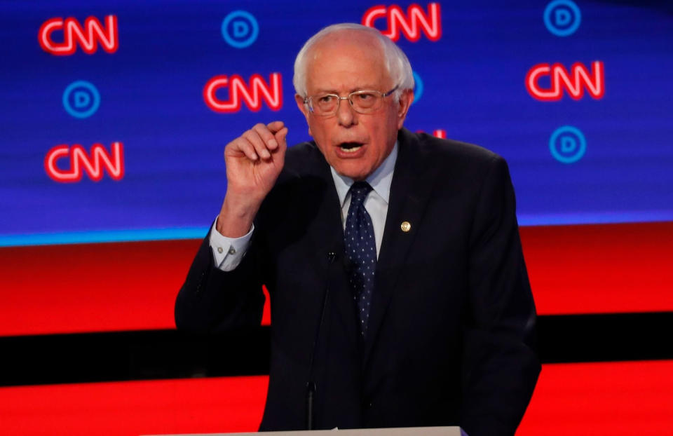 Sen. Bernie Sanders, I-Vt., speaks during the first of two Democratic presidential primary debates hosted by CNN, at the Fox Theatre in Detroit on July 30, 2019. | Paul Sancya—AP