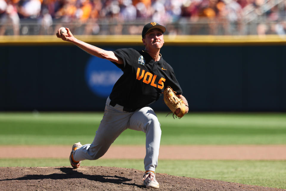 OMAHA, NEBRASKA - JUNE 23: Aaron Combs #28 of the Tennessee Volunteers delivers a pitch to the Texas A&M Aggies during game two of the Division I Men's Baseball Championship held at Charles Schwab Field on June 23, 2024 in Omaha, Nebraska.  (Photo by Jamie Schwaberow/NCAA Photos via Getty Images)