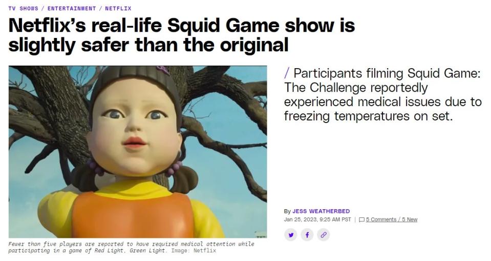 A news headline says that Netflix's real-life Squid Game is dangerous for its contestants