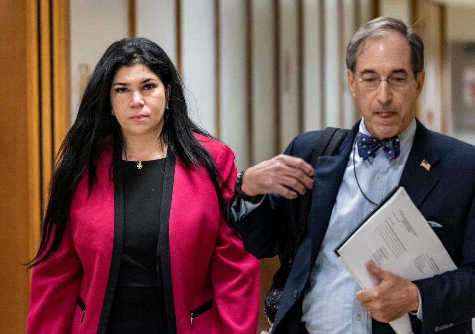 Miami, Florida, January 31, 2024- Former Miami-Dade School Board member Lubby Navarro, left, and her attorney, Ben Kuehne, right, walk away from the courtroom after a brief appearance in front of Judge Carlos Lopez in Miami-Dade Criminal Court. Navarro was arrested on Jan. 11, 2024, and charged with fraud and grand theft.
