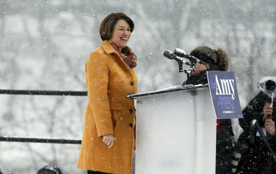 Democratic Sen. Amy Klobuchar announced her presidential candidacy on Sunday at&nbsp;a snowy rally in Minneapolis. Afterward, she spoke to reporters about reports that she routinely disparages&nbsp;many of the people who work for her. (Photo: ASSOCIATED PRESS)