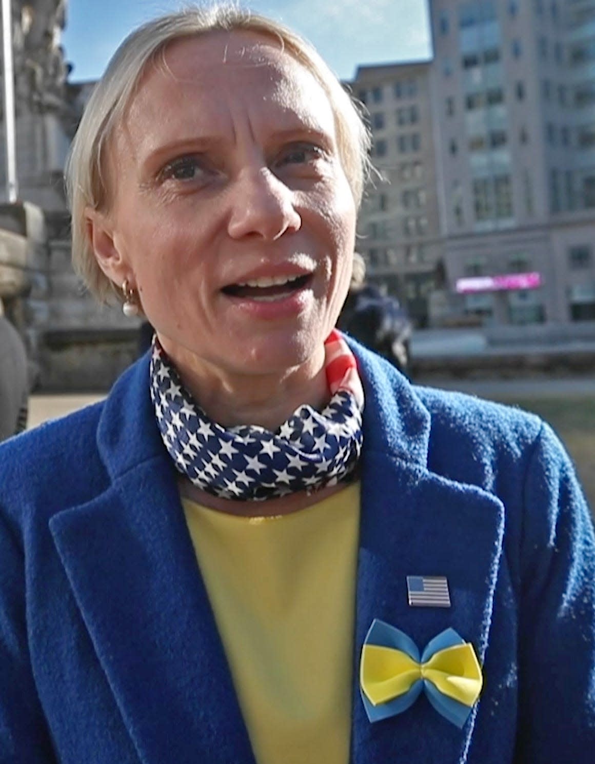 U.S. Representative Victoria Spartz speaks to a reporter about the recent news in Ukraine during a rally in support of Ukraine, Saturday, Feb. 26, 2022 on Monument Circle in Indianapolis. Spartz immigrated from Ukraine in 2000.