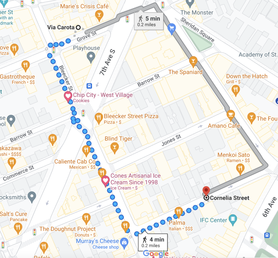 via carota's distance from cornelia street, via google maps