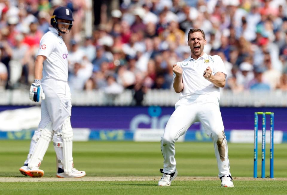 Anrich Nortje after taking the wicket of Jonny Bairstow (Action Images/Reuters)