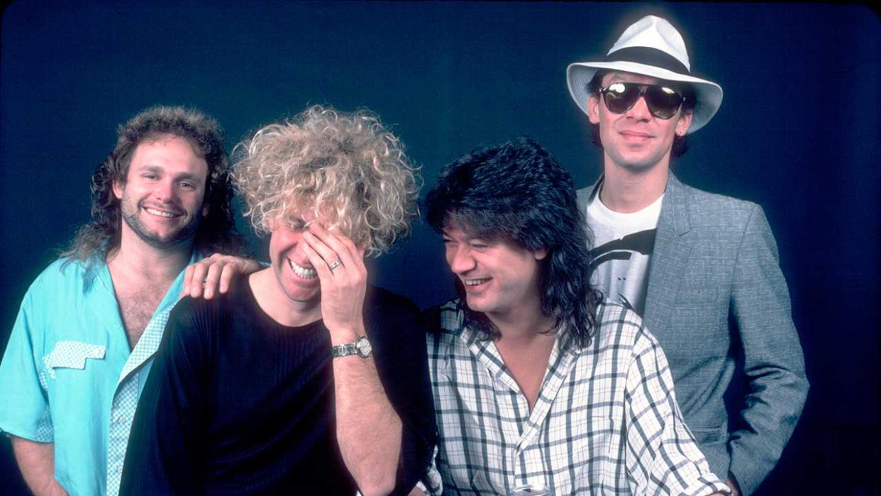  Portrait of Rock musicians Michael Anthony, Sammy Hagar, Eddie Van Halen (1955 - 2020), and Alex Van Halen, all of the group Van Halen, backstage at the Metro Center, Rockford, Illinois, March 16, 1986 