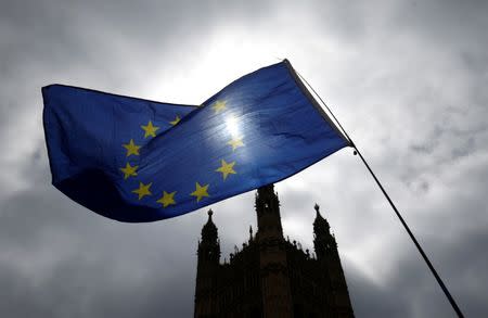 Pro-remain supporters wave EU flags outside the Houses of Parliament in Westminster, London, Britain, June 20, 2018. REUTERS/Henry Nicholls