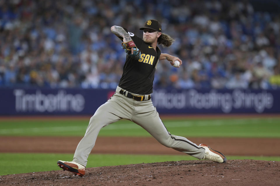 San Diego Padres relief pitcher Josh Hader works against the Toronto Blue Jays during the ninth inning of a baseball game Wednesday, July 19, 2023, in Toronto. (Chris Young/The Canadian Press via AP)