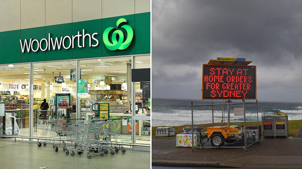 A Woolworths storefront is pictured left. A sign declaring stay-at-home orders are in place for Greater Sydney is on the right.