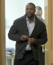 Torrey Green enters the courtroom to hear the juries verdict in his rape case, Friday, Jan. 18, 2019, in Brigham City, Utah. Green was found guilty of eight charges including five counts of rape and a charge sexual battery in connection to reports from six women accusing him of sexual assault while he was a football player at Utah State University, Friday, Jan.18, 2019 in Brigham City, Utah. (Eli Lucero/Herald Journal via AP, Pool)