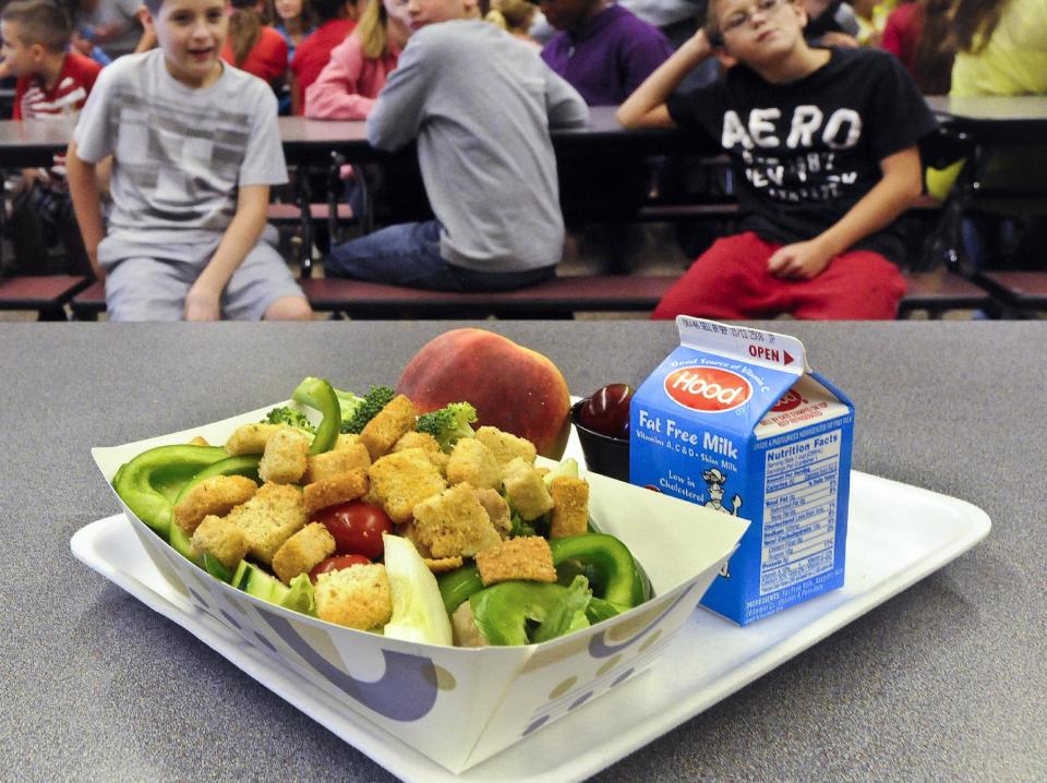 FILE - In this Tuesday, Sept. 11, 2012 file photo, a select healthy chicken salad school lunch, prepared under federal guidelines, sits on display at the cafeteria at Draper Middle School in Rotterdam, N.Y. After just one year, some schools across the nation are dropping out of what was touted as a healthier federal lunch program, complaining that so many students refused the meals packed with whole grains, fruits and vegetables that their cafeterias were losing money. (AP Photo/Hans Pennink, File)