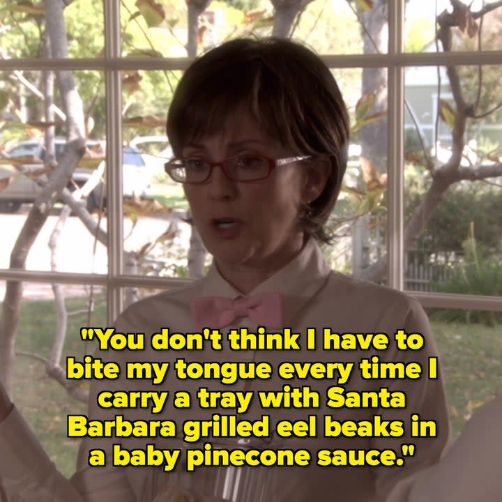 lydia saying you don't think i have to bite my tongue every time i carry a tray with santa barbara grilled eel beaks in a baby pinecone sauce in season 2 of party down