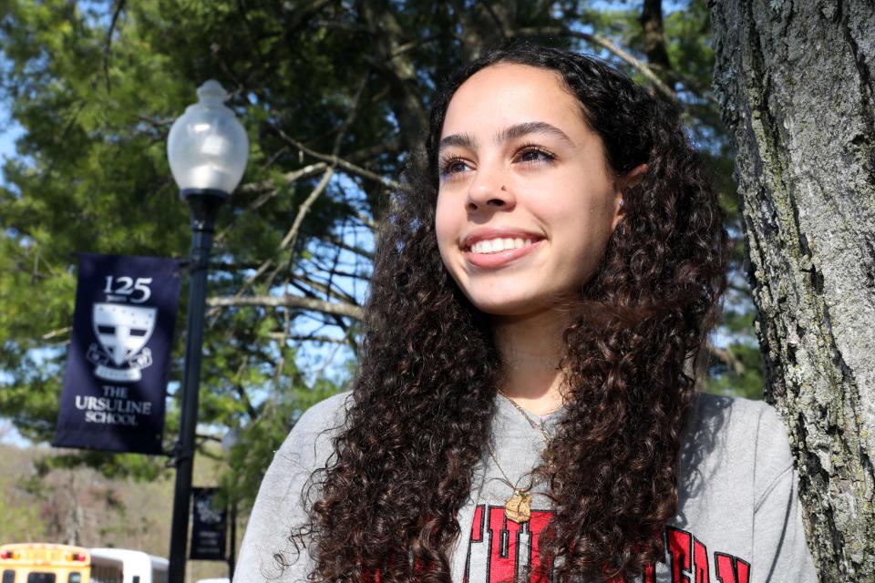 Senior Elena Olson, the Westchester/Putnam Girls Indoor Track and Field Athlete of the Year, at The Ursuline School in New Rochelle April 15, 2024. Olson, of Hartsdale, medaled at the indoor track and field championships in the hurdles and will compete next year for Division I Northeastern.