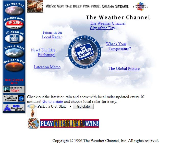 clouds and a digital table of contents on The Weather Channel's website in 1996