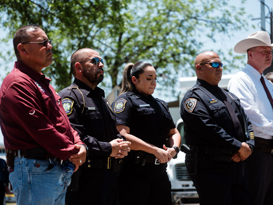 Arredondo, second from right, at a news conference in Uvalde, on May 26.<span class="copyright">Christopher Lee—The New York Times/Redux</span>
