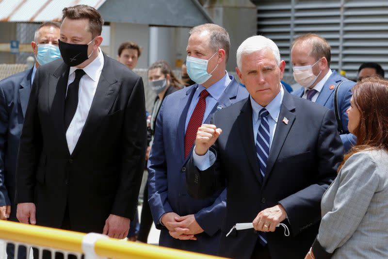 U.S. Vice President Mike Pence, SpaceX founder Elon Musk and NASA Administrator Jim Bridenstine are seen before the launch of a SpaceX Falcon 9 rocket and Crew Dragon spacecraft at the Kennedy Space Center, in Cape Canaveral