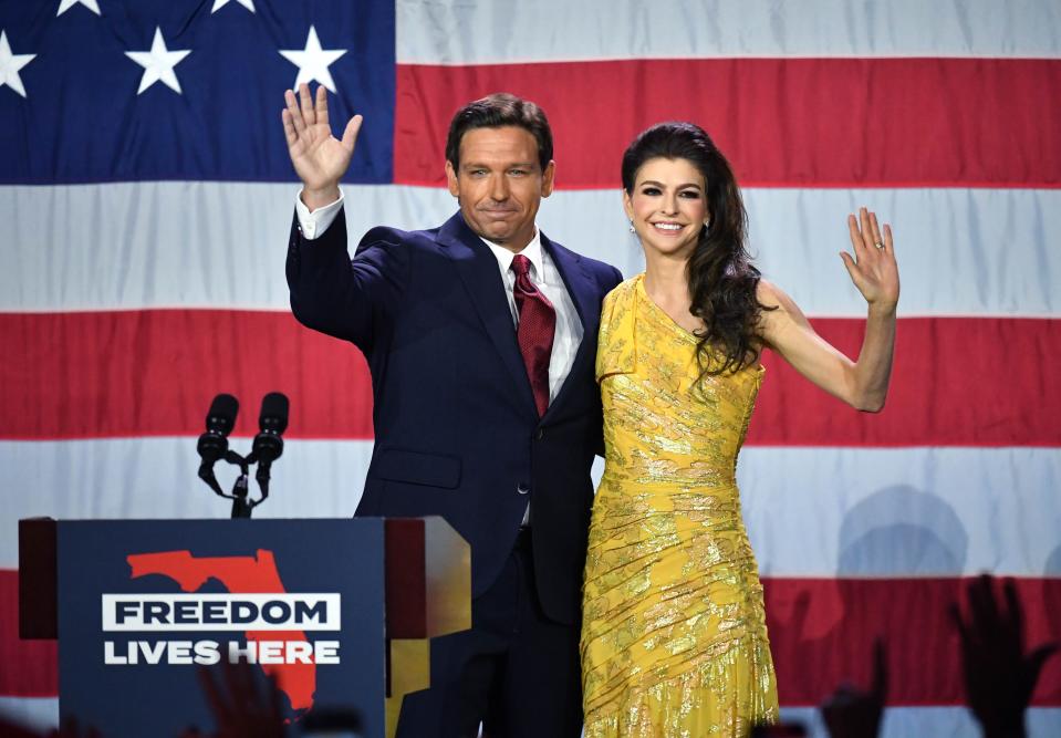 Florida Gov. Ron DeSantis, with his wife, Casey, delivers his victory speech Tuesday night, Nov. 8, 20220 at the  Tampa Convention Center.