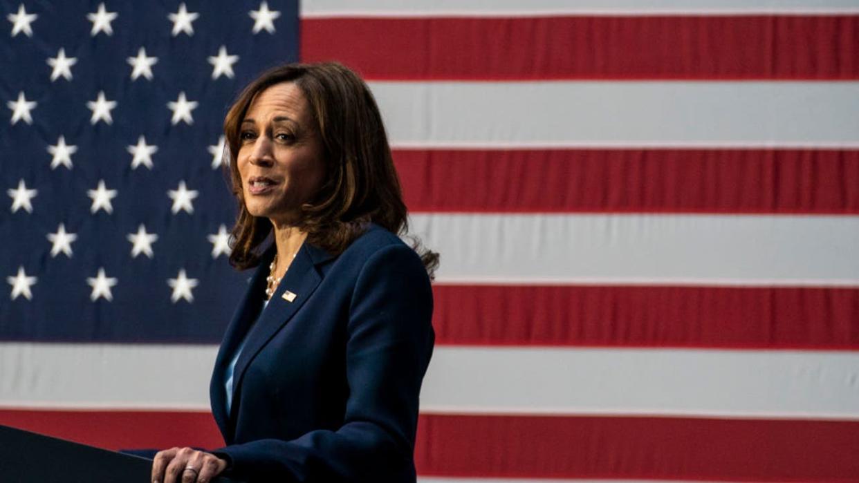 <div>SAN FRANCISCO, CA - APRIL 21: Vice President Kamala Harris delivers remarks following a visit with expecting families and caregivers at UCSF Mission Bay on April 21, 2022 in San Francisco, CA. (Kent Nishimura / Los Angeles Times via Getty Images)</div>