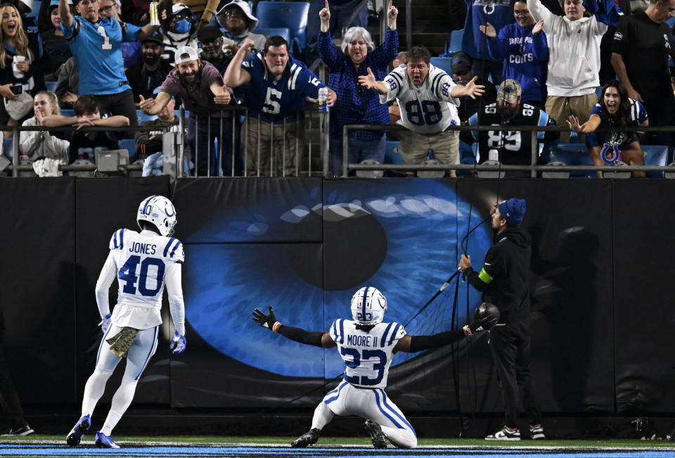 CHARLOTTE, NORTH CAROLINA - NOVEMBER 05: Kenny Moore II #23 of the Indianapolis Colts celebrates his interception returned to a touchdown against the Carolina Panthers in the fourth quarter at Bank of America Stadium on November 05, 2023 in Charlotte, North Carolina. (Photo by Eakin Howard/Getty Images)