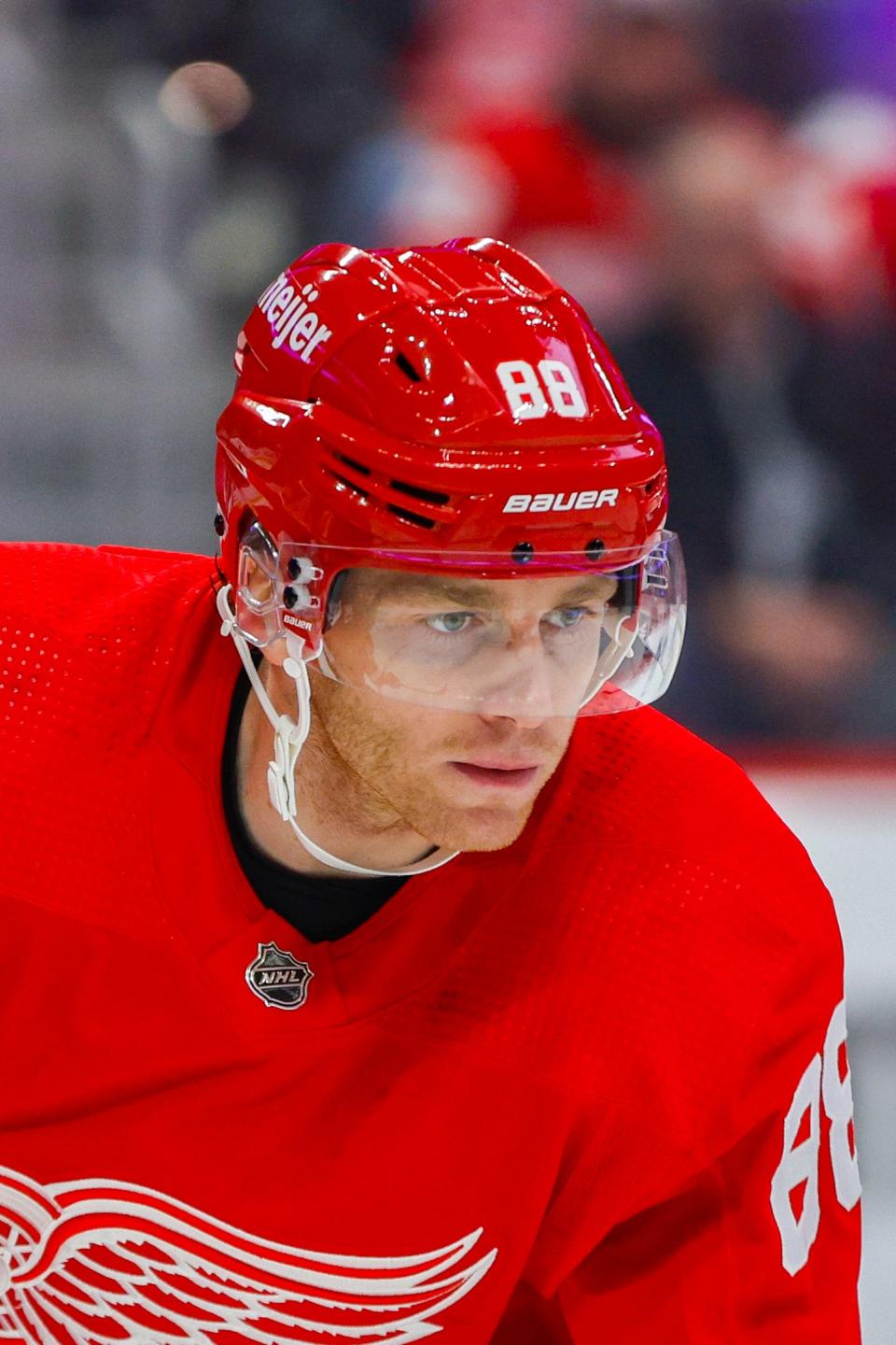 Detroit Red Wings right wing Patrick Kane (88) looks on during the first period at Little Caesars Arena in Detroit on Thursday, Dec. 7, 2023.