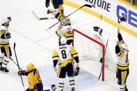 <p>Pittsburgh Penguins players celebrate after defeating the Nashville Predators in Game 6 of the 2017 Stanley Cup Final at Bridgestone Arena. Mandatory Credit: Aaron Doster-USA TODAY Sports </p>