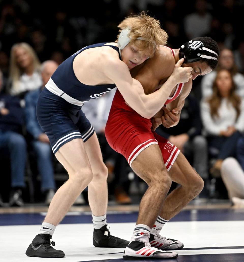 Penn State’s Braeden Davis controls Nebraska Caleb Smith in the 125 lb bout of the match on Sunday, Feb. 18, 2024 in Rec Hall. Abby Drey/adrey@centredaily.com