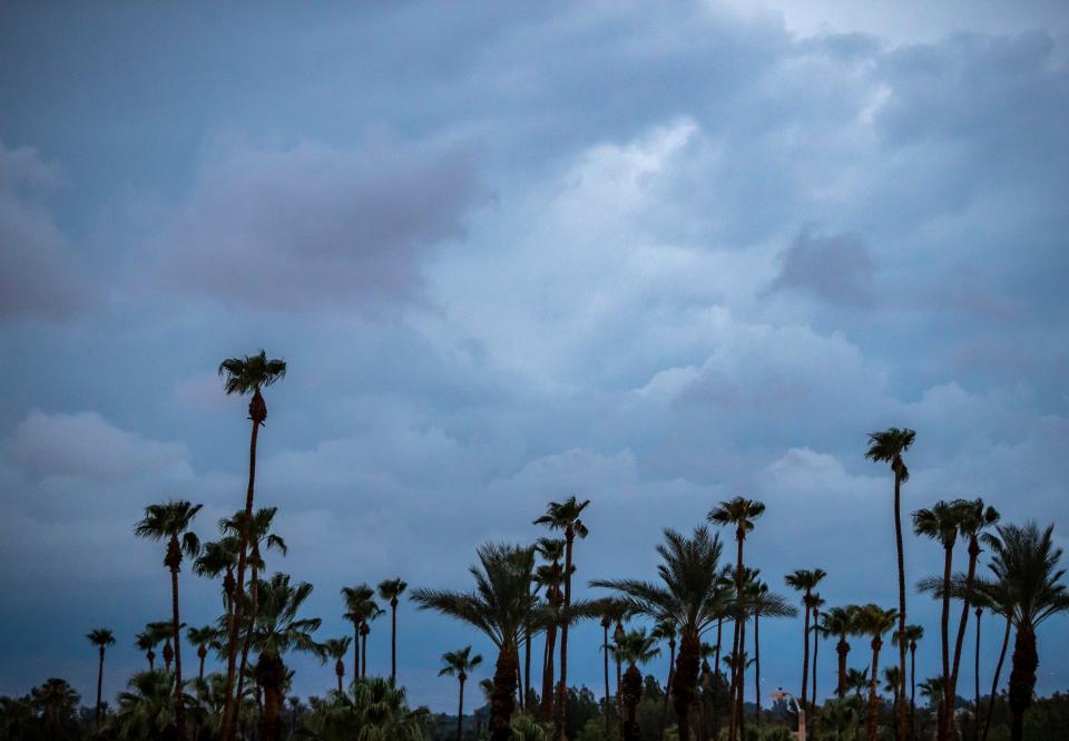 Layers of clouds are seen in the sky ahead of the anticipated arrival of weather associated with Hurricane Hilary as seen in in Rancho Mirage, Calif., Saturday, Aug. 19, 2023. The storm that's forecast to hit this week will be the biggest since Hilary hit in August.
